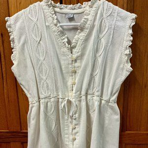 White Sleeveless Top w/ Vertical Infinity Embroidery & Belt, Size M